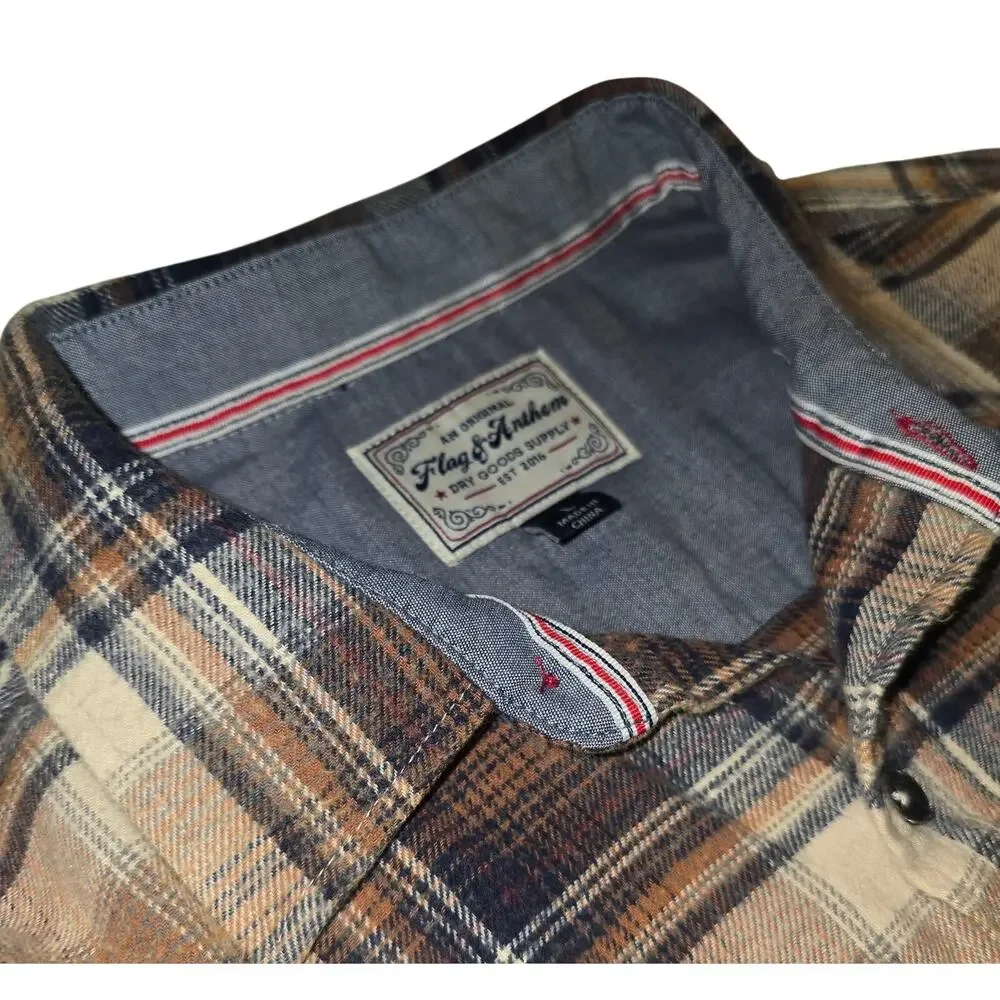Flag & Anthem Plaid Flannel Shirt Men’s Large Brown Blue Button Front